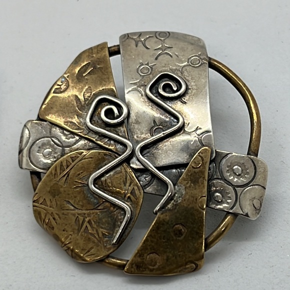 Brutalist artisan silver and brass post earrings - Picture 3 of 7